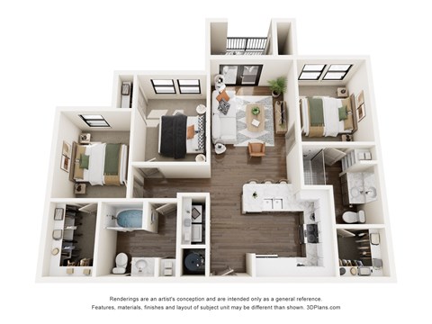 Floor plan for 3 beds, 2 baths, 1079 sqft